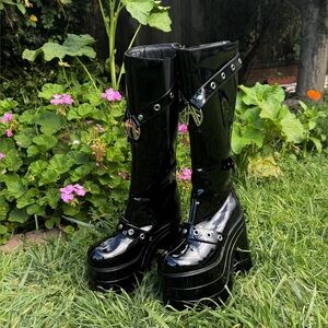Dolls Kill | Fan All Flames Patent Underworld Knee High Vegan Leather Boots